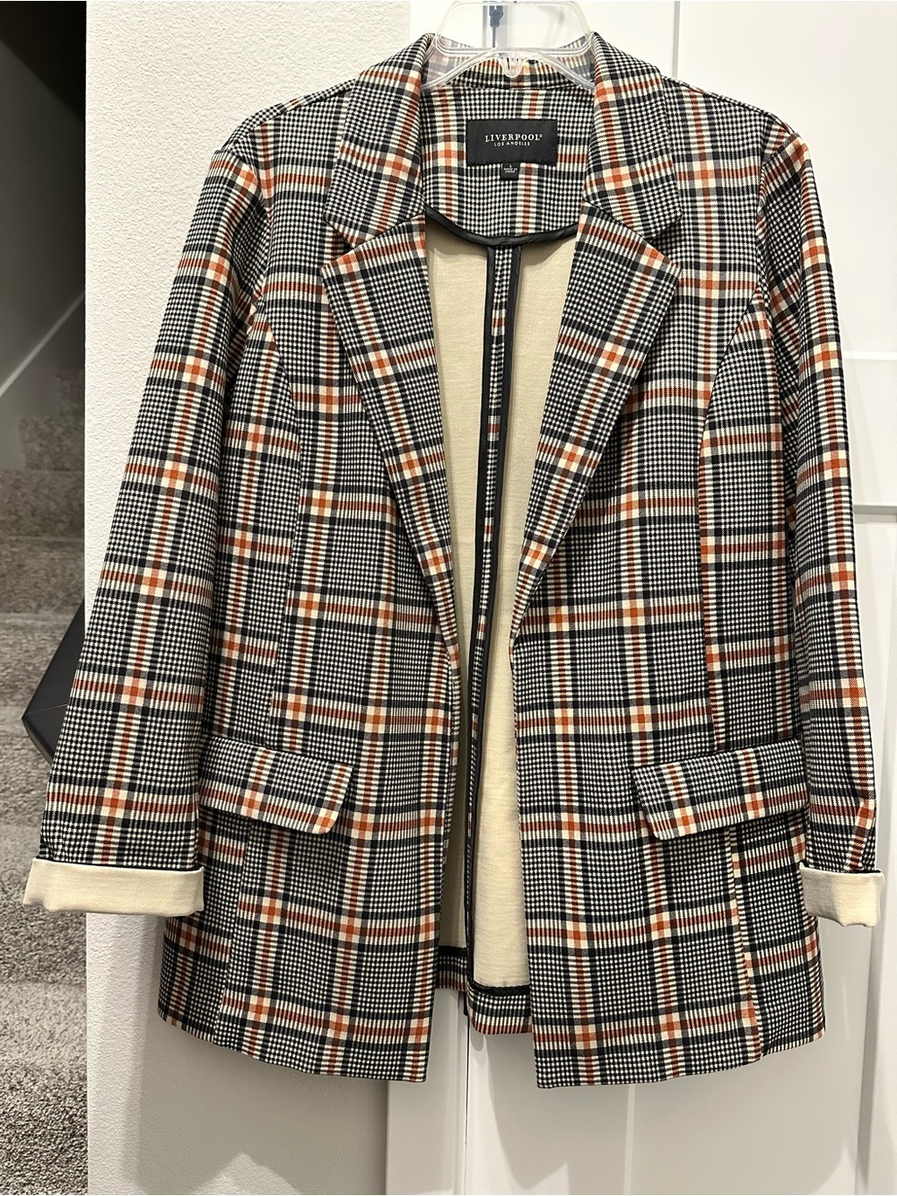 Liverpool Plaid Blazer Jacket in Black, Cream & Brown open front size S